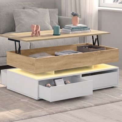 Table basse plateau relevable rectangulaire ELSA 90 cm 4 tiroirs avec LED en bois et plateau façon hêtre