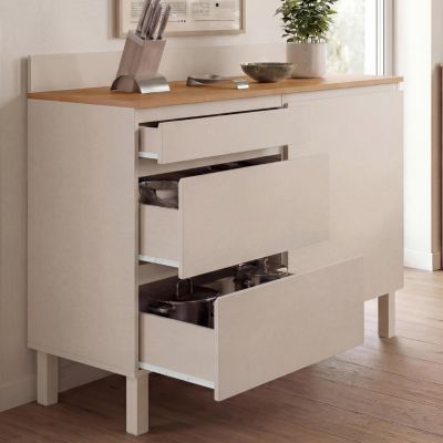 Buffet bas casserolier de cuisine 120 cm CLAUDE plan de travail effet bois H.83 cm 1 porte + 3 tiroirs