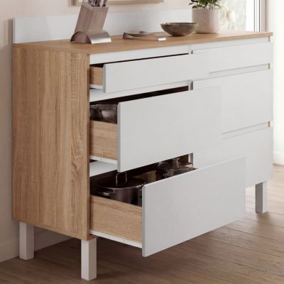 Buffet bas double casserolier de cuisine 120 cm CLAUDE plan de travail H. 83 cm 6 tiroirs bois et - vue 8