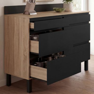 Buffet bas double casserolier de cuisine 120 cm CLAUDE plan de travail H. 83 cm 6 tiroirs bois et