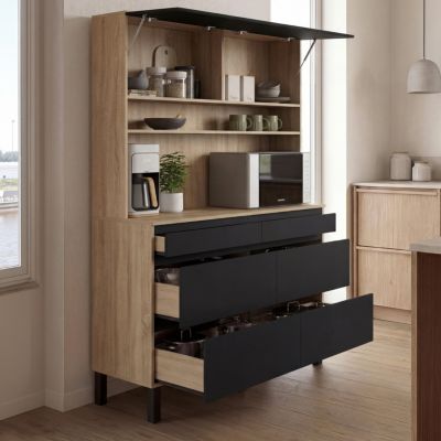 Buffet double casserolier de cuisine 120 cm CLAUDE 6 tiroirs + 1 placard bois et
