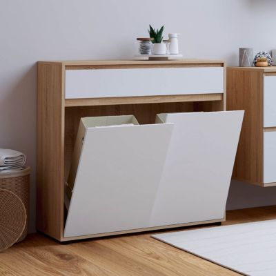 Meuble de rangement salle de bain TOMI 2 portes avec 2 paniers à linge amovibles 1 tiroir façon hêtre et