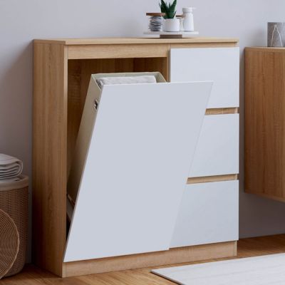 Meuble de rangement salle de bain TOMI 1 porte avec panier à linge amovible 3 tiroirs façon hêtre et - vue 2