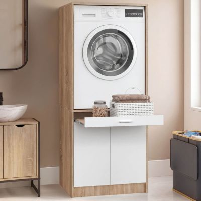 Meuble réhausseur machine à laver ou sèche linge WALLIS plateau coulissant pour panier à linge et placard bois et - vue 2