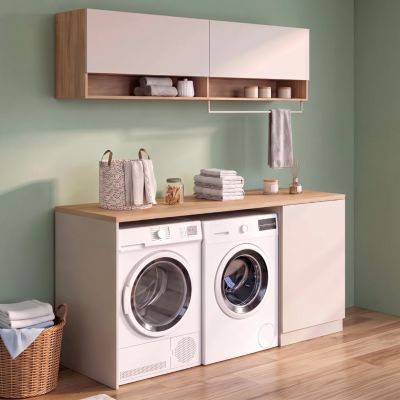 Meuble de buanderie machine à laver et sèche linge TOMI avec plan de travail . 180 cm et placards et bois - vue 9