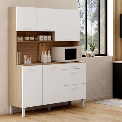 Buffet casserolier de cuisine 140 cm CINA 5 portes + 3 tiroirs façon hêtre et - vue 2