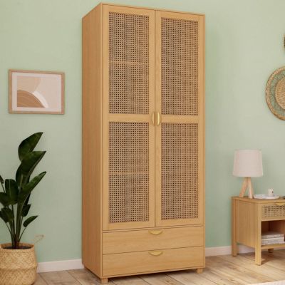 Armoire 2 portes EDHEN bois et cannage penderie 80 cm avec 2 tiroirs et étagères