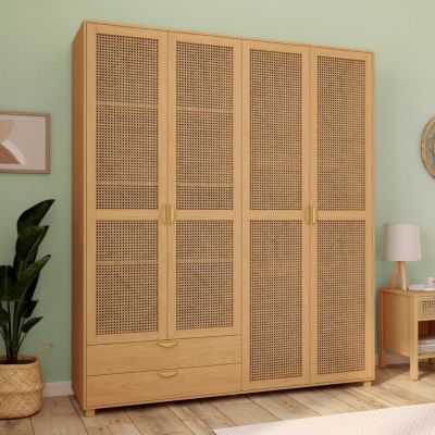 Armoire 4 portes EDHEN bois et cannage penderie 160 cm avec 2 tiroirs et étagères
