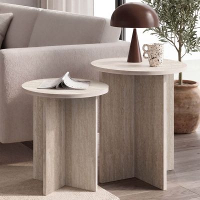 Lot de 2 tables d'appoint rondes table basse bouts de canapé tables de chevet MARTHE 3540 cm bois effet travertin - vue 8