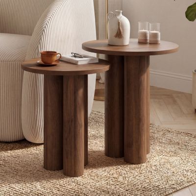 Lot de 2 tables d'appoint rondes table basse bouts de canapé tables de chevet ELOISE 3540 cm bois effet noyer - vue 7