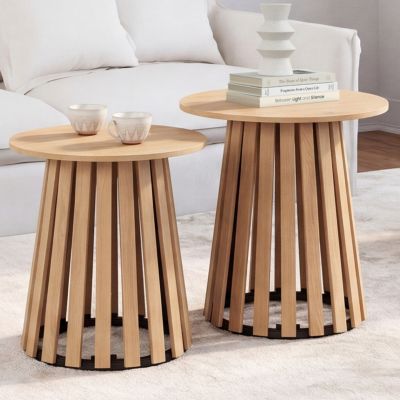 Lot de 2 tables d'appoint rondes table basse bouts de canapé tables de chevet CARMEN 4045 cm pied en lattes et plateau bois - vue 7