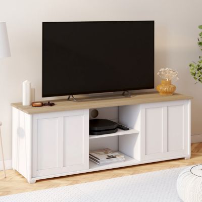 Meuble TV 140 cm JANGO 2 portes coulissantes et plateau bois - vue 8