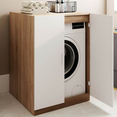 Meuble pour machine à laver avec portes WALLIS et bois façon hêtre