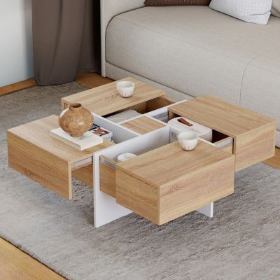 Table basse carrée TALIA 70 cm avec tiroirs bois et - vue 2