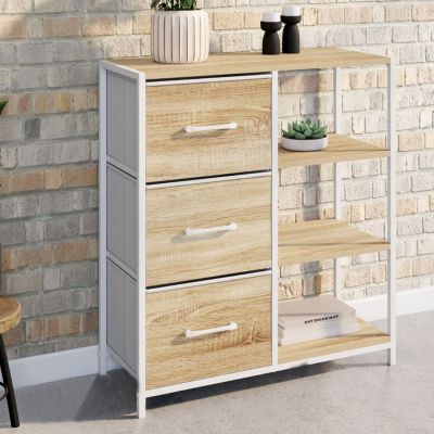 Buffet d'appoint 3 tiroirs et étagères 70 cm UTAH design industriel bois et