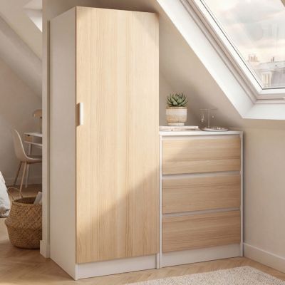 Armoire 1 porte AMBRE penderie avec commode 3 tiroirs 100 cm modulable façon hêtre et - vue 2