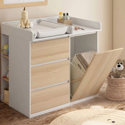 Commode à langer évolutive AMBRE façon hêtre et 3 tiroirs 1 panier à linge table à langer et 2 étagères amovibles - vue 2
