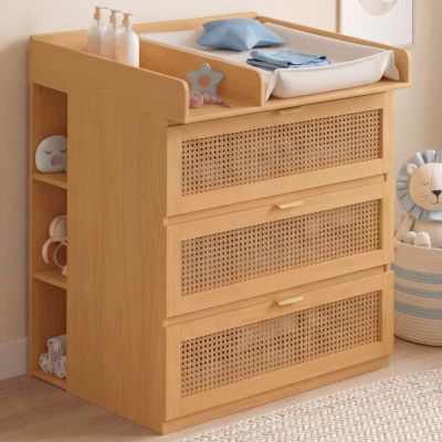 Commode à langer évolutive EDHEN bois et cannage 3 tiroirs table à langer et 2 étagères amovibles