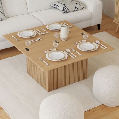 Table basse plateau relevable rectangulaire convertible en table à manger JULIETTE 100 cm effet lattes tasseau bois - vue 7