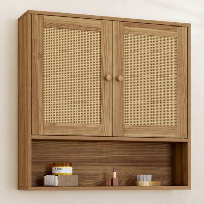Meuble de rangement suspendu pour salle de bain HANAE 2 portes et étagère effet naturel cannage - vue 2