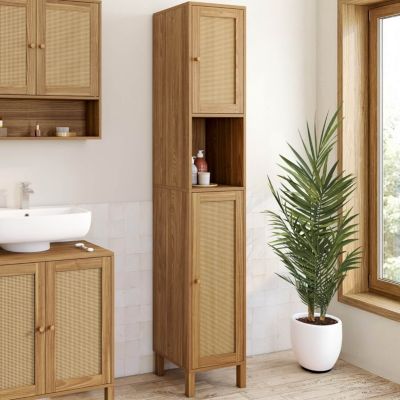 Meuble colonne salle de bain HANAE 2 portes 1 niche effet naturel cannage