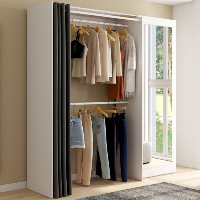Dressing extensible MARTY 120170 x 50 x 180 cm avec étagères + double penderie + miroir + rideau - vue 7