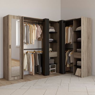 Dressing extensible d'angle MARLON 230 x 140 x 180 cm cm hêtre avec penderies + étagères + miroir + rideaux noirs - vue 6