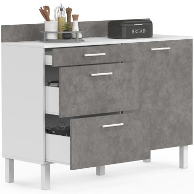Buffet bas casserolier de cuisine 120 cm CINA plan de travail H.83 cm 1 porte + 3 tiroirs et effet béton - vue 6