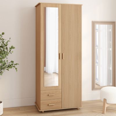 Armoire 2 portes JULIETTE effet lattes tasseau bois penderie 80 cm avec 2 tiroirs miroir et étagères