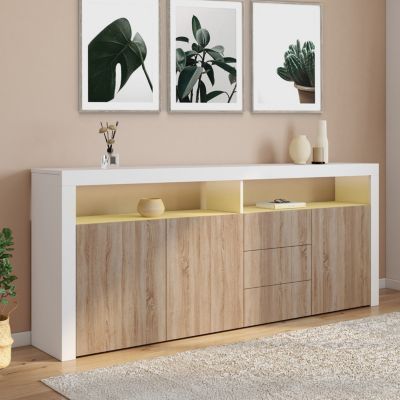 Buffet 180 cm ELIGHT 3 portes et 3 tiroirs avec LED et niches et bois façon hêtre - vue 1