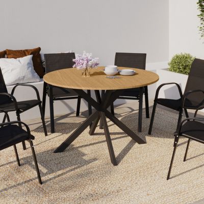 Table de jardin ronde MESSINA 120 cm 6 personnes pied araignée plateau métal effet bois - vue 2