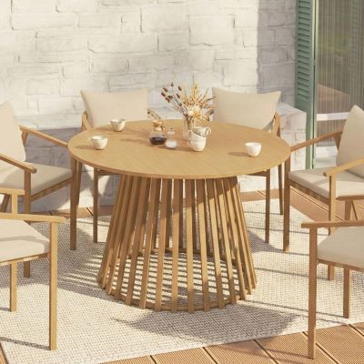 Table de jardin ronde SOLAL 120 cm 6 personnes avec pied lattes en métal effet bois - vue 2