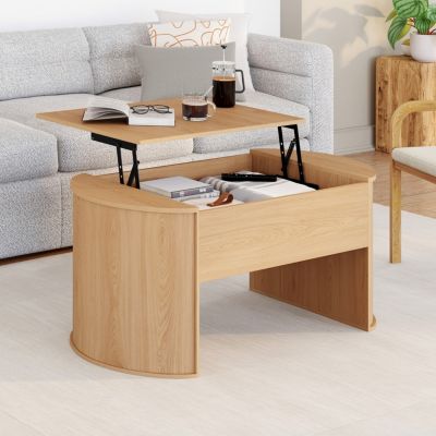 Table basse ovale plateau relevable DIVIA 100 cm bois façon hêtre design arrondi - vue 8