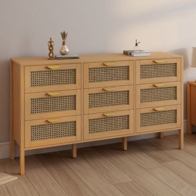 Commode 9 tiroirs EDHEN 136 cm bois et cannage - vue 8