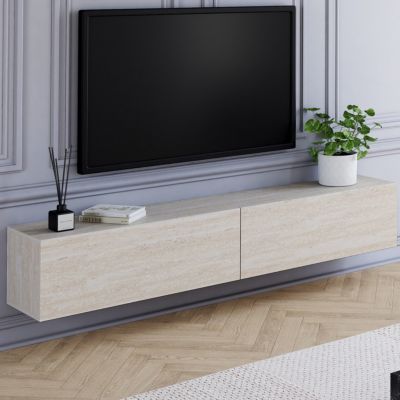 Meuble TV 180 cm suspendu ELIO 2 portes bois effet travertin - vue 7