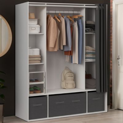 Dressing double penderie DIANE 140 x 45 x 167 cm avec étagères + boites de rangement + rideau