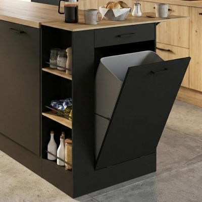 Buffet de cuisine compact 90 cm TIBO avec espace poubelle tablette rabattable 1 tiroir et 3 étagères latérales bois et - vue 2