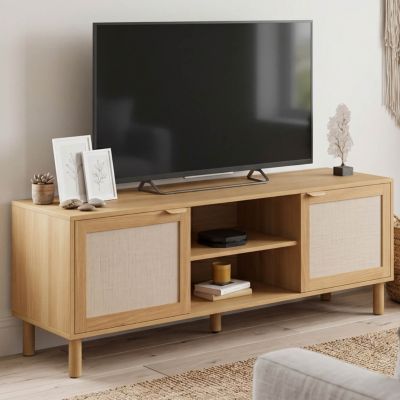 Meuble TV 140 cm ROBIN 2 portes bois et tissu effet lin - vue 8