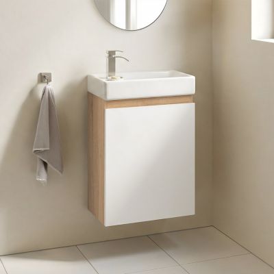 Meuble lave mains suspendu WC TOMI 1 porte façon hêtre et avec vasque céramique - vue 10