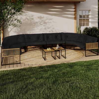 IDMARKET Salon de jardin bas RIO 12 places salon dangle structure métal et cordage effet rotin avec coussins noirs - vue 2