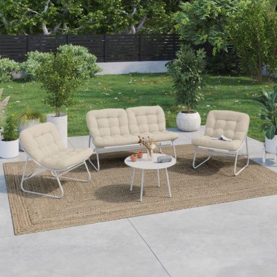 Salon de jardin bas ARONA 4 places en acier et coussins beiges avec canapé fauteuils et table - vue 2