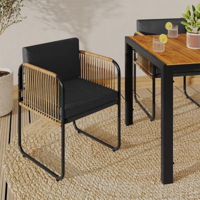 IDMARKET Lot de 4 chaises de jardin RIO structure métal cordage effet rotin et coussins noirs - vue 2
