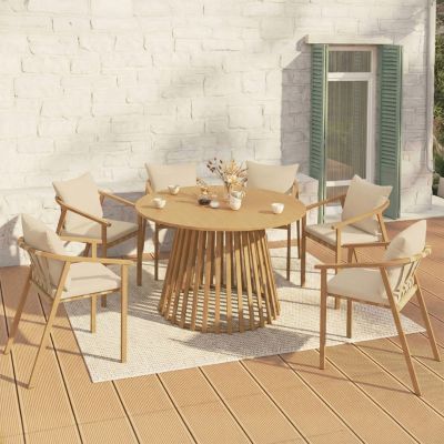 Salon de jardin SOLAL table ronde 120 cm avec pied lattes en métal et 6 chaises de jardin avec lanières et coussins beiges - vue 2