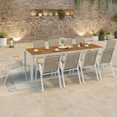 Salon de jardin NOUMEA table 240 cm plateau verre trempé effet bois et 10 chaises empilables blanc et bois