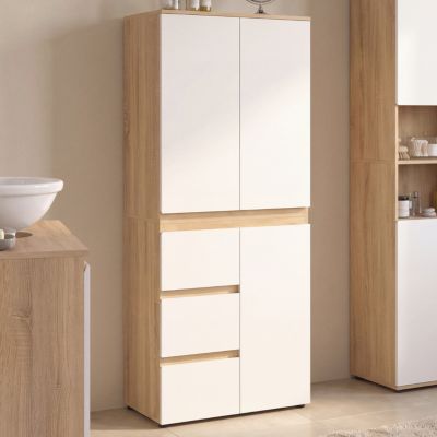 Meuble armoire colonne salle de bain TOMI 3 portes et 3 tiroirs façon hêtre et