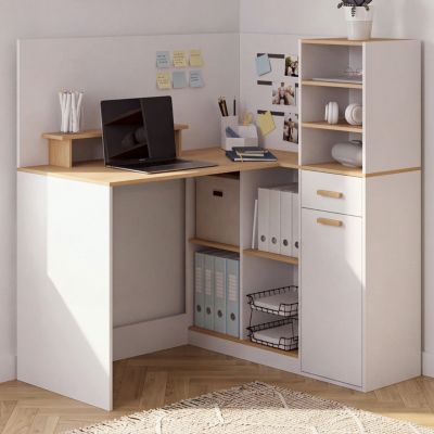 IDMarket Bureau d'angle Charles avec 1 porte compartiments et un tiroir avec support d'écran en et aspect bois de hêtre