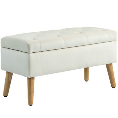 Banquette coffre design scandinave piètement effilé bois assise effet capitonné velours crème