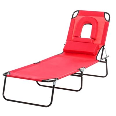 Outsunny Bain de soleil pliable transat inclinable 4 positions chaise longue de lecture 3 coussins fournis Rouge - vue 2