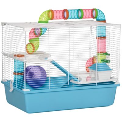 Pawhut Cage à hamsters 3 niveaux - tunnel, abreuvoir, roue, maisonnette, échelles - dim. 59L x 36l x 47H cm - métal PP Argent - vue 2