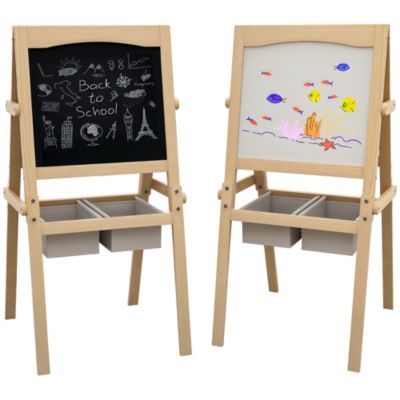 Tableau enfant double face - tableau blanc tableau à craie - rouleau papier, 2 paniers rangement - MDF pin